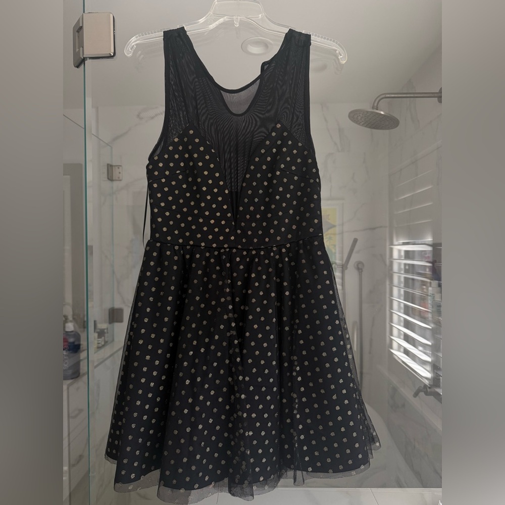 Nasty Gal Black Mesh Bodice Fit-and-Flare Dress with Gold Dot Detail